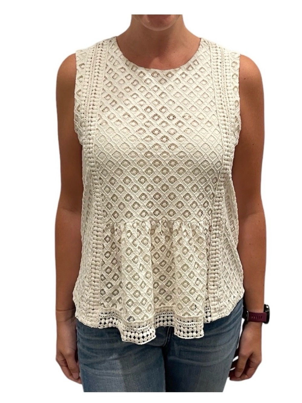 Banana Republic Cream Sleeveless Eyelet Peplum Top
